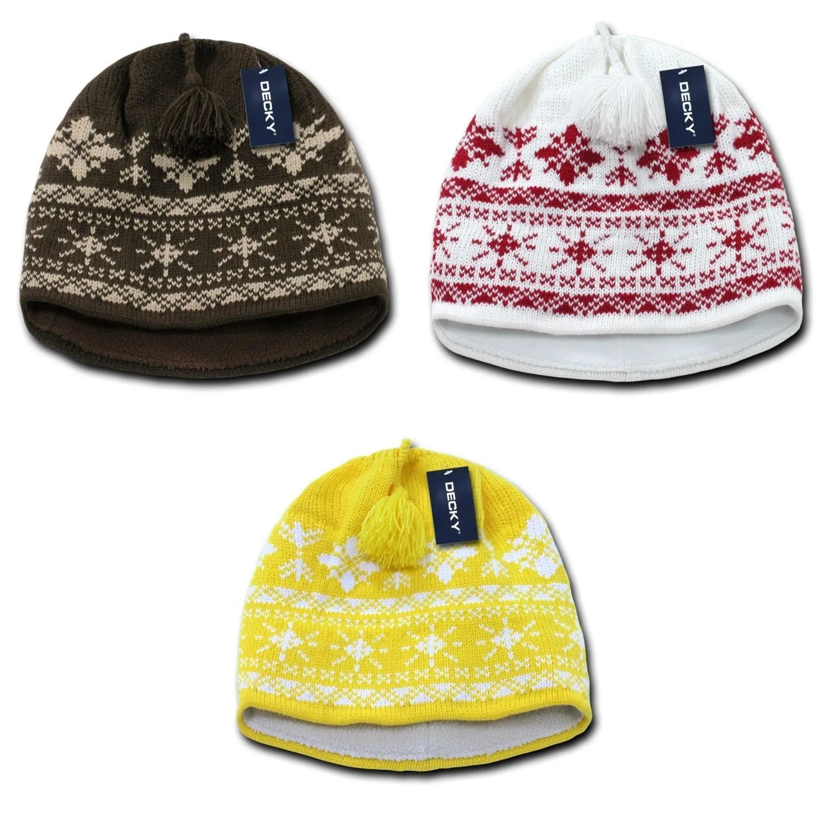 1 Dozen Decky Nordic Beanies Snowflake Pom Knit Snowboard Hats Caps Wholesale