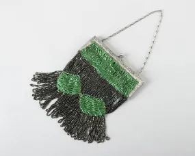 1920s 1930s Emerald Green Geometric Glass Micro Beaded Handbag