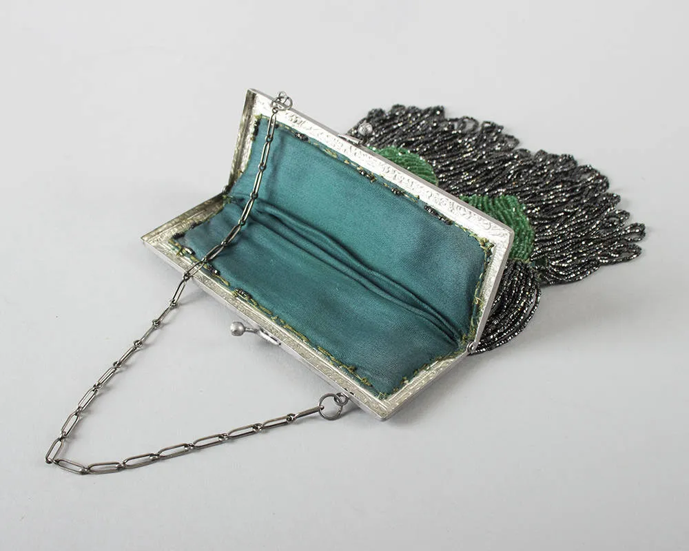1920s 1930s Emerald Green Geometric Glass Micro Beaded Handbag