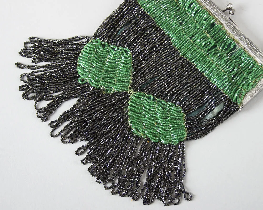 1920s 1930s Emerald Green Geometric Glass Micro Beaded Handbag