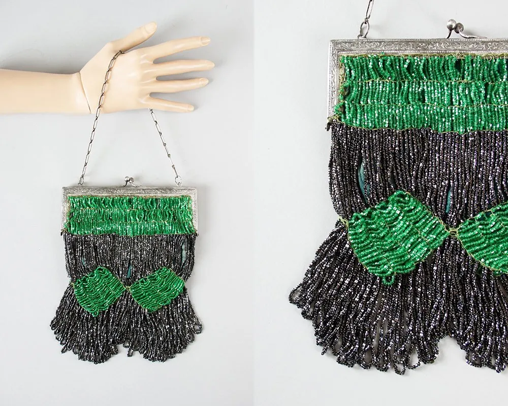 1920s 1930s Emerald Green Geometric Glass Micro Beaded Handbag