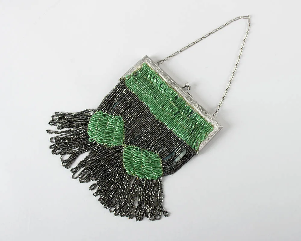 1920s 1930s Emerald Green Geometric Glass Micro Beaded Handbag