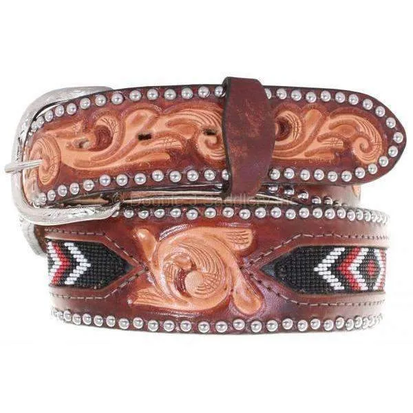B846A - Cognac Leather Beaded Inlay Belt