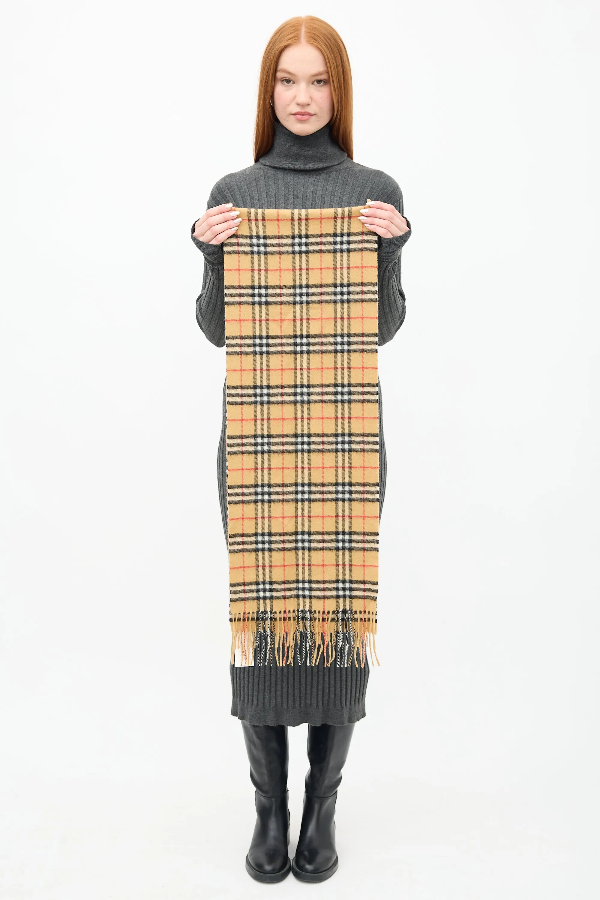 Beige & Multi Nova Check Fringe Scarf
