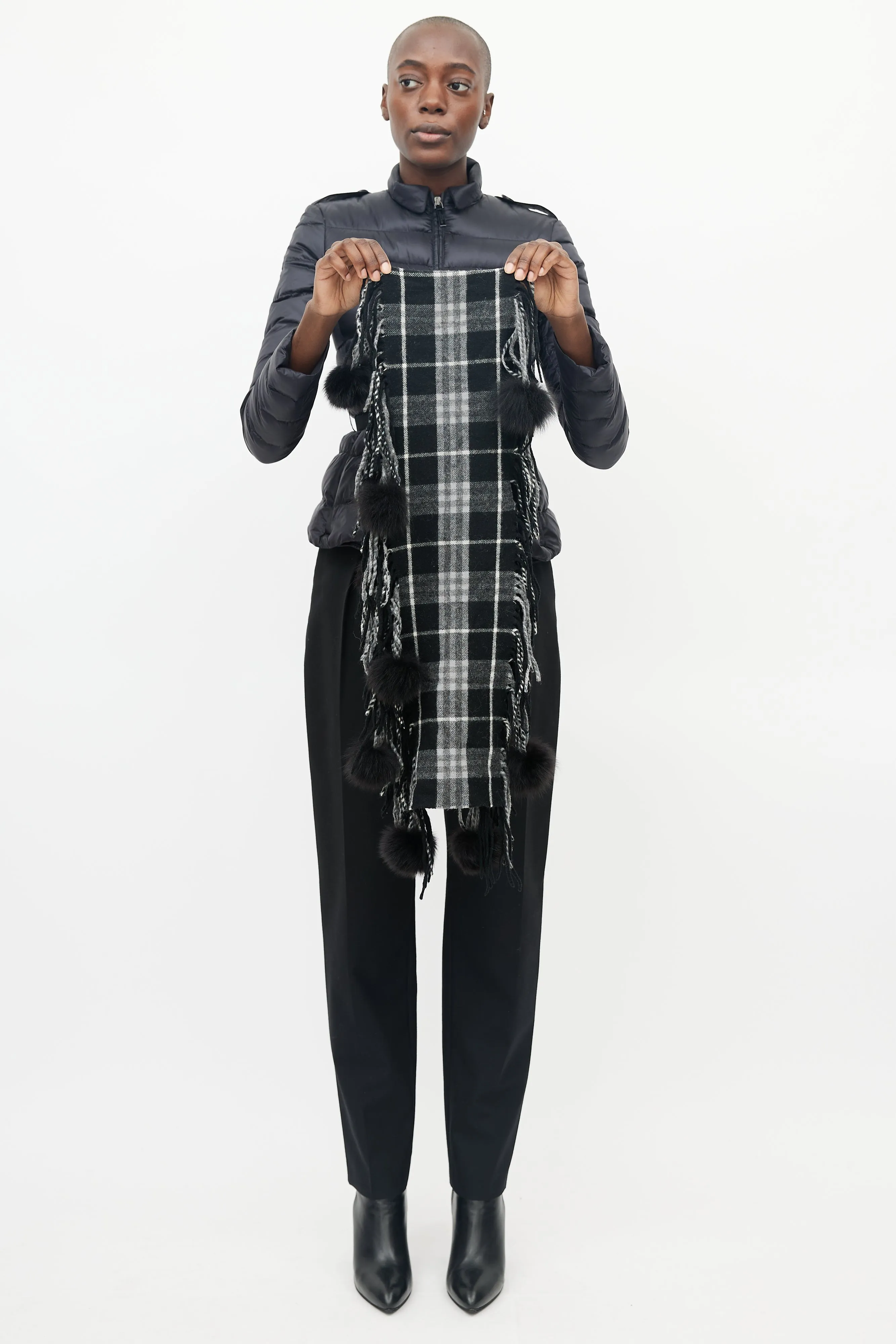 Black Check & Pom Pom Scarf