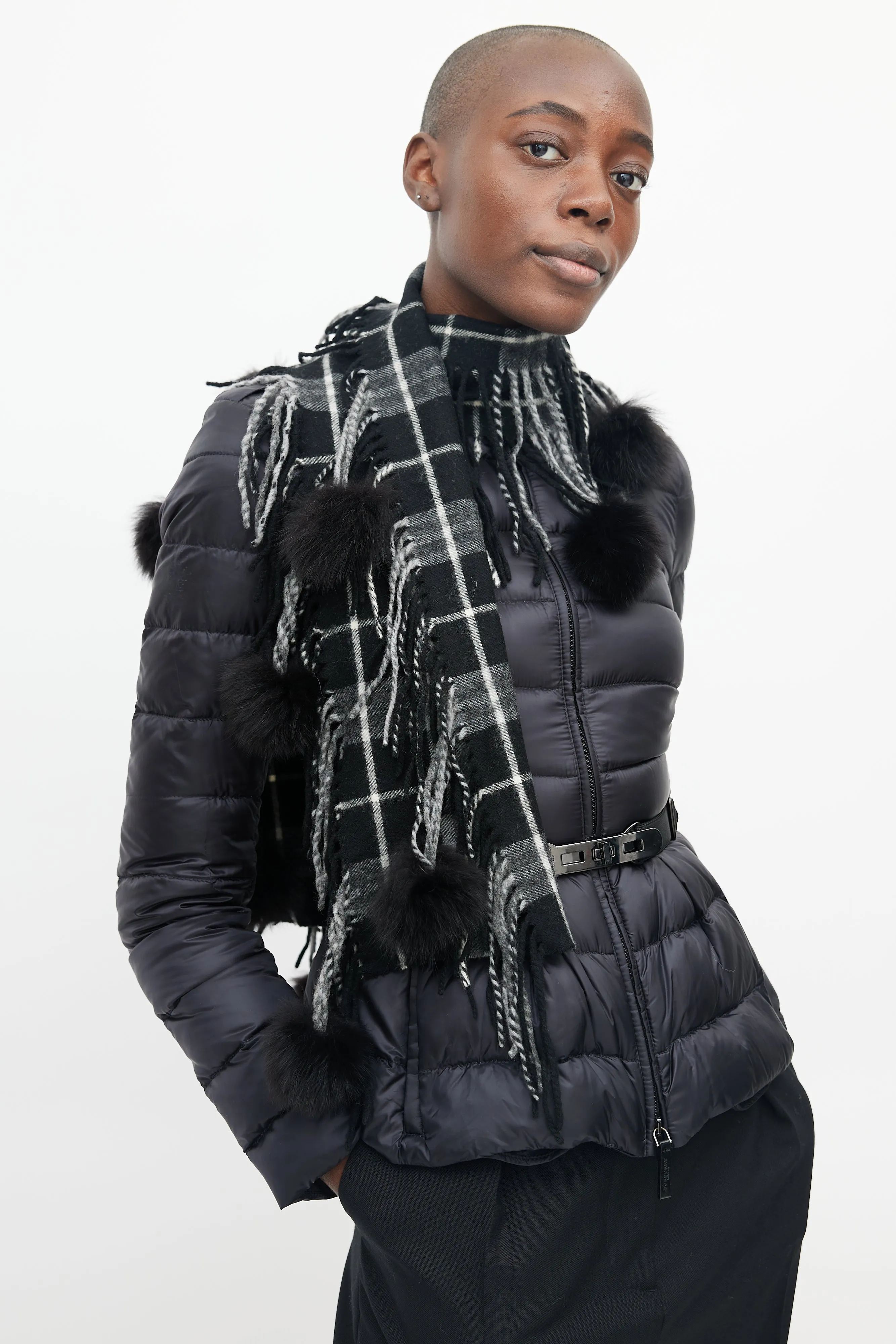 Black Check & Pom Pom Scarf
