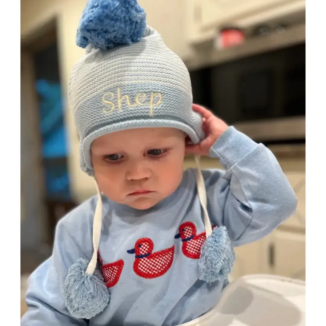 Blue and White Stripe Pom Hat