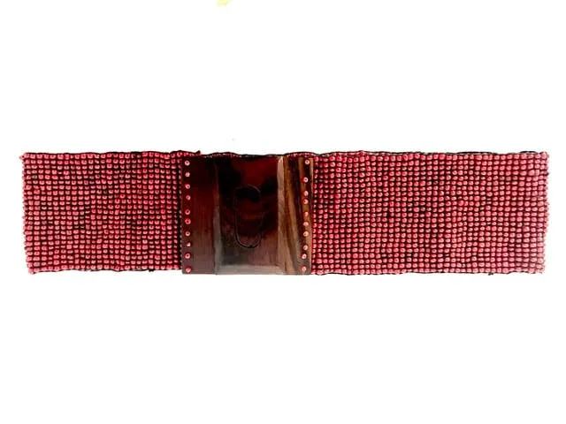 Glass beaded belt wood  wider 3 inches in Antique Coral