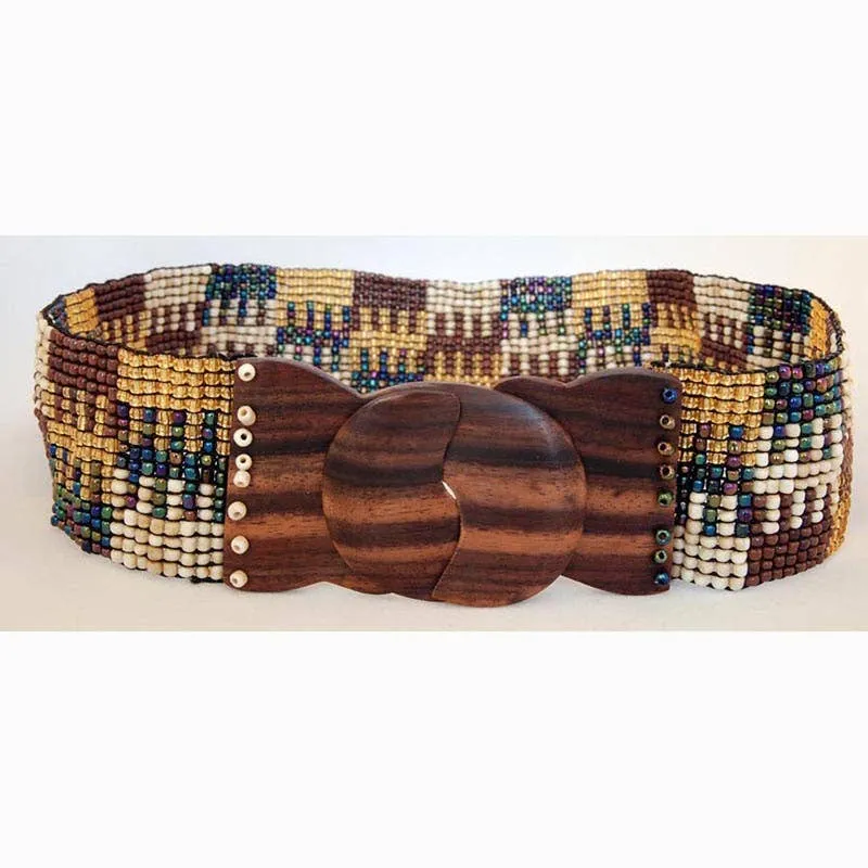 Hand loomed glass bead belt wood scroll jigsaw brown pawa