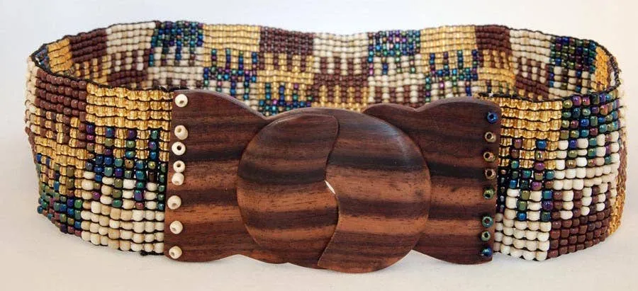 Hand loomed glass bead belt wood scroll jigsaw brown pawa