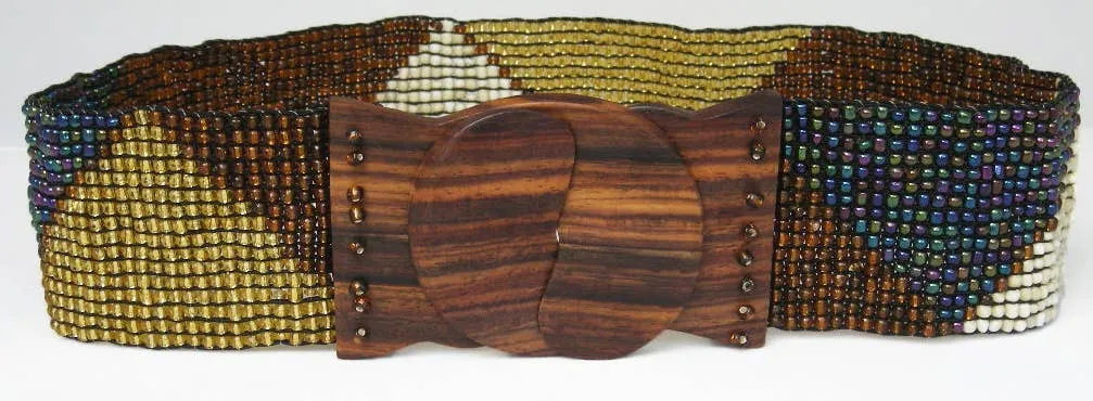Hand loomed glass bead belt wood scroll triangles in brown