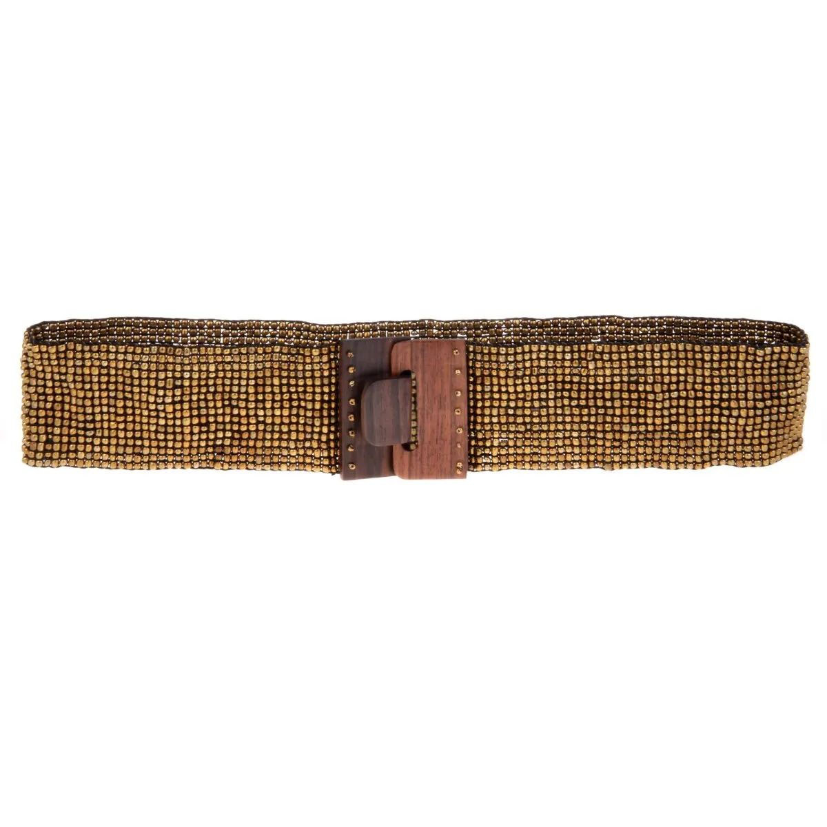Hand loomed glass beaded belt wood buckle  Bronze