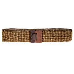 Hand loomed glass beaded belt wood buckle  Bronze