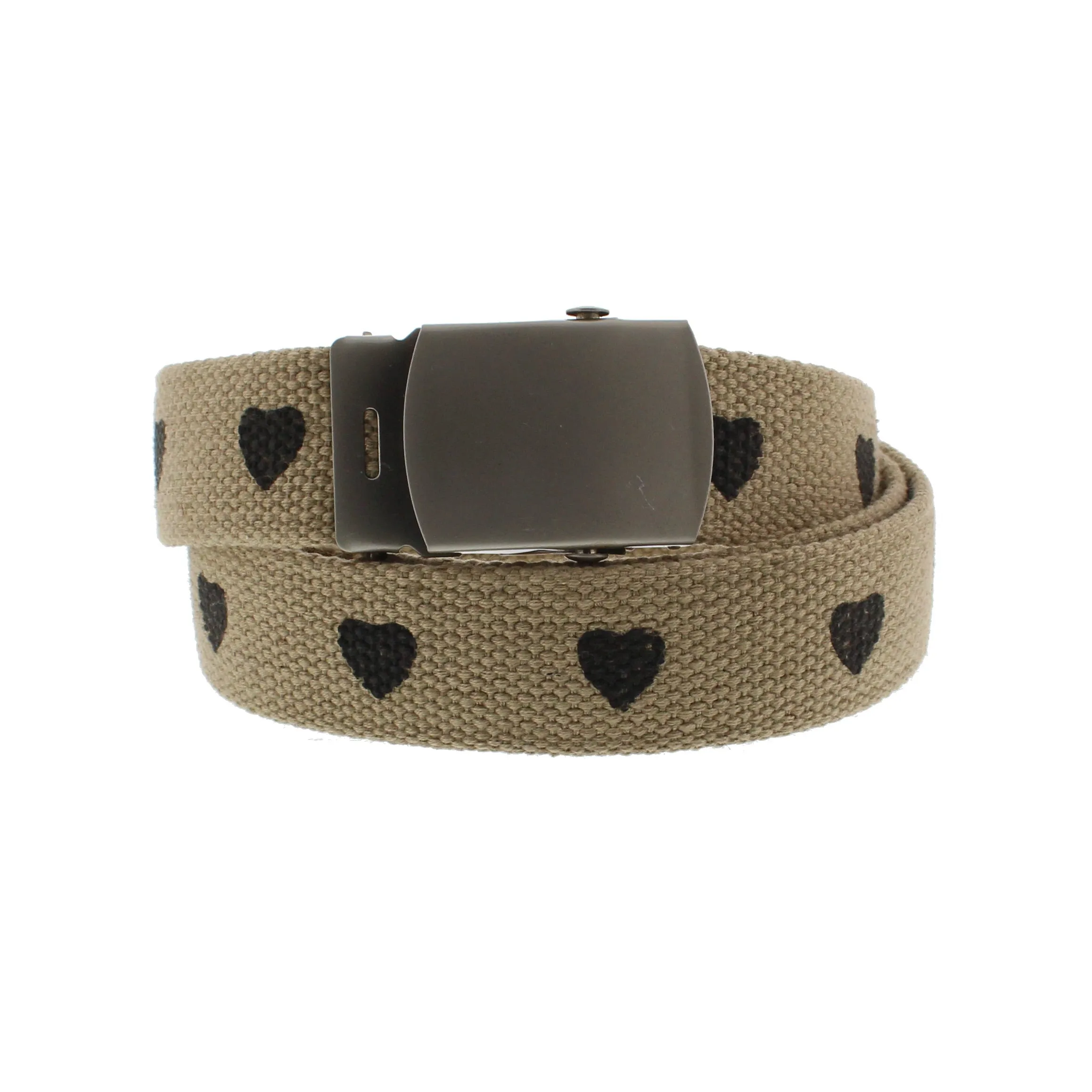 Heart Print Canvas Webbing Belt with Shiny Silver Slider Buckle (Length - 120cm, Width - 3cm)