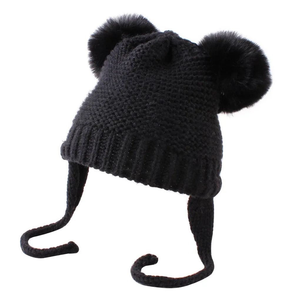 Knitted Wool Fuzzy Ball Beanie